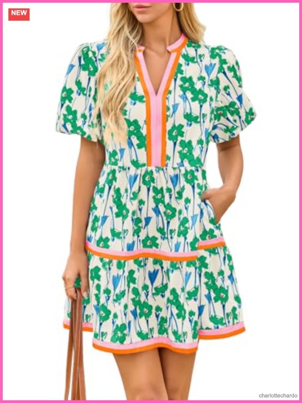 Puff Sleeve Floral Mini Dress with Pockets V-Neck Boho Summer